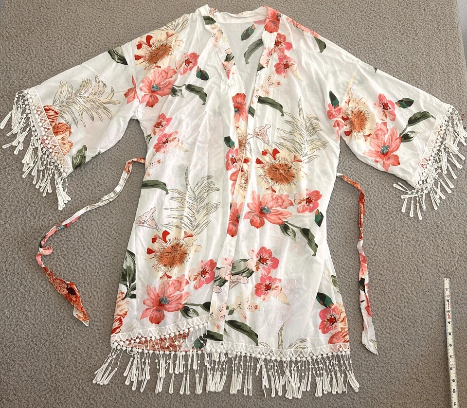 Kimono feminino vintage Y2K grande floral com franja com cinto branco rosa festival - Imagem 1 de 4