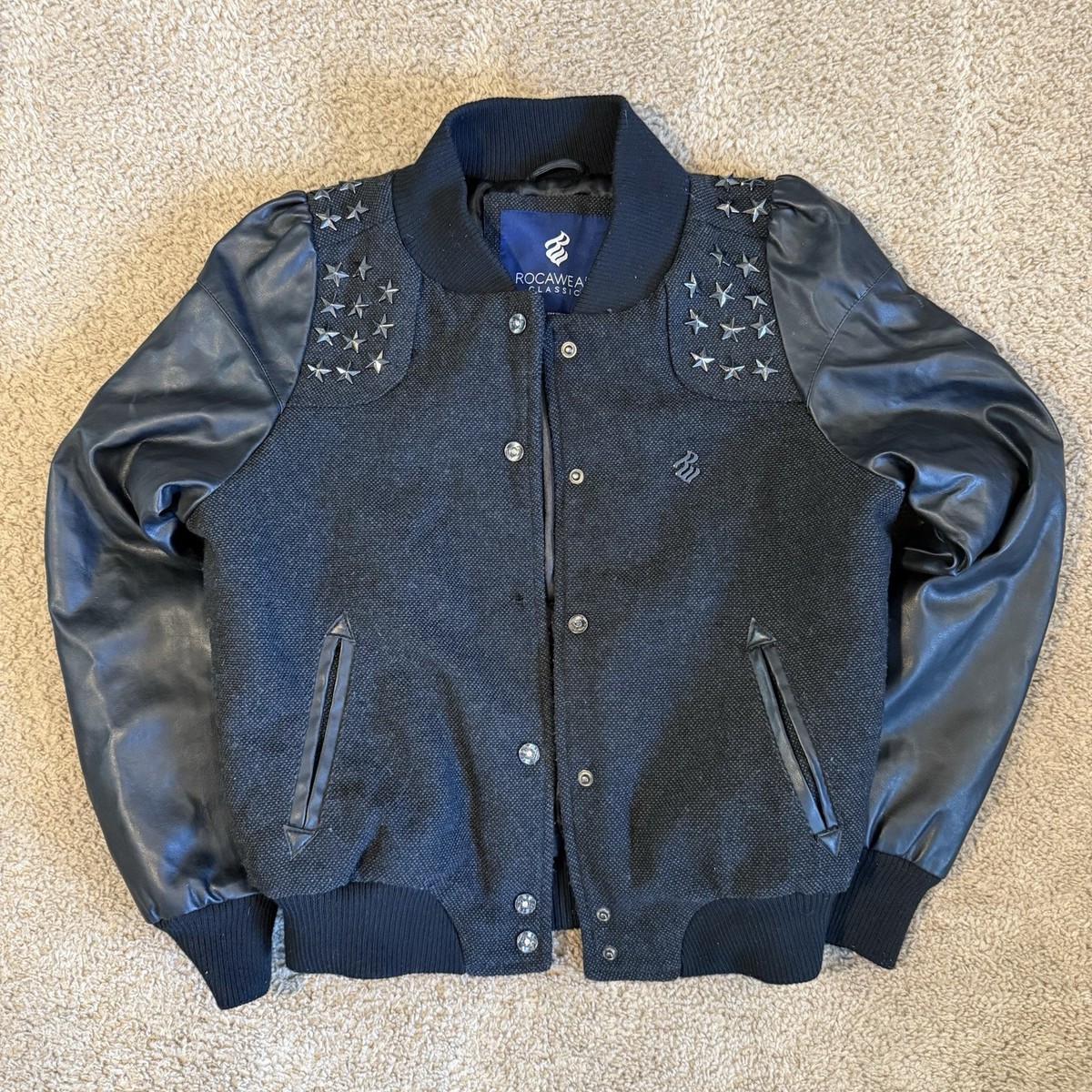 ジャケット・アウター Roca Wear SUEDE LEATHER Varsity Jacket Vintage Rocawear Denim Varsity Black Leather Full Zip 4XL