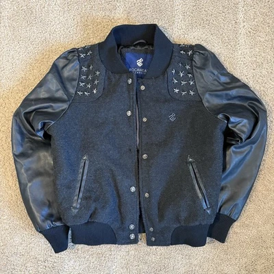 RocaWear Black Leather Varsity Bomber Jacket Men’s Size Medium Embezzled Studded - Image 1 of 4