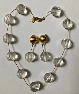 Anne Klein Couture Clear Lucite Bubble Necklace Earrings Set Gold Chain 1990s - Image 1 of 4