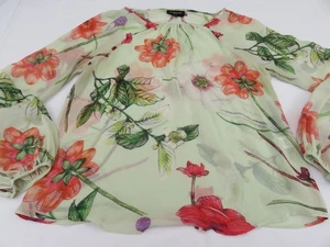WAREHOUSE SILK PISTACHIO GREEN & CORAL FLOWERS SILK CHIFFON SUMMER TOP UK 10 12 - Bild 1 von 15