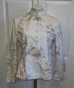 Neu ohne Etikett Vintage Lauren Ralph Lauren Jacke Mandarin Rose Blumen Elfenbein Rosa Knopf Gr. L - Bild 1 von 7