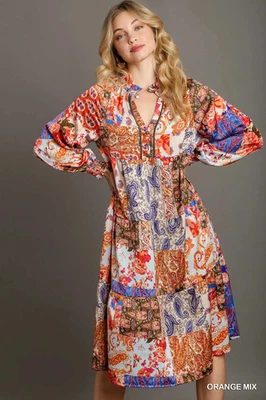 Umgee Orange/Blue Multi Satin Paisley Tiered Dress V-Neckline and Long Sleeves - Image 1 of 4