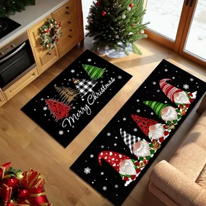 Christmas Kitchen Rugs Set of 2 - Buffalo Plaid Tree Gnomes Black Kitchen mat... - Picture 1 of 6