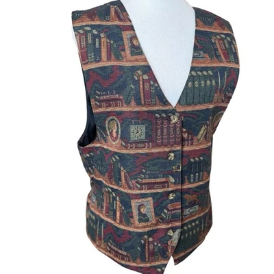 Vintage Tapestry Bookshelf Library Vest Large Academia Bookworm Reading Scholar - Image 1 of 4