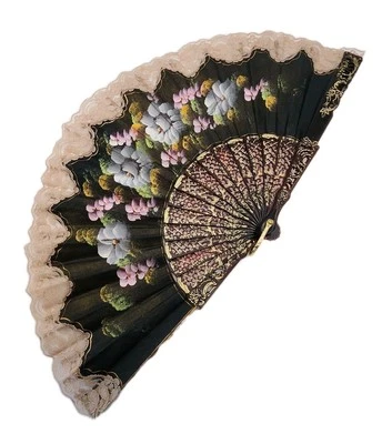 Vintage Hand Painted Floral Fabric Lace Victorian Art Signed Ornate Folding Fan - Image 1 of 4