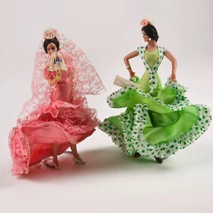 Pair of Vintage Marin Chiclana Spanish Dolls Flamenco Dancer Pink and Green - Picture 1 of 8