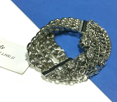 Nuevo Brazalete CHICO'S Multistrand Plata Cuentas Cadenas y Estrás Elastizado BB15L Foto 1 de 4