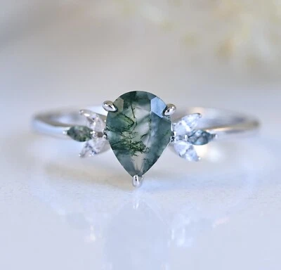 Anillo de compromiso de ágata musgo de plata de ley anillo de boda nupcial talla 3-12 S13944 Foto 1 de 4