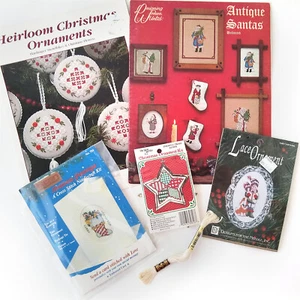 VTG LOT of XMAS Cross Stitch 3 KITS, 2 BOOKS, 1 DMC Thread - Vintage Santa GIFTS - Picture 1 of 12