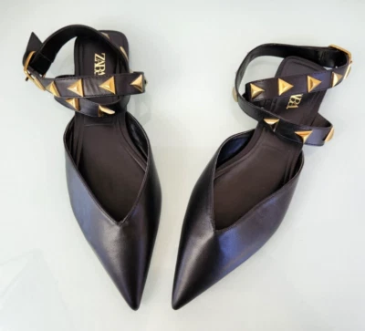 Zara Pointed Toe Gold Studded Ankle Strap Shoes Black Faux Leather New Sz39 US 8 - Image 1 of 4
