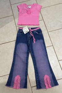 NWT JM Originals 💕 2pc Girls 7 Embellished Top Shirt & Pants Set Outfit 5T 6 - Picture 1 of 7
