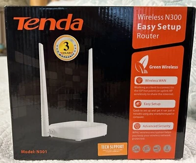 NEW IN BOX TENDA  MODEL N301 WIRELESS WIFI N300 EASY SETUP ROUTER - Image 1 of 4