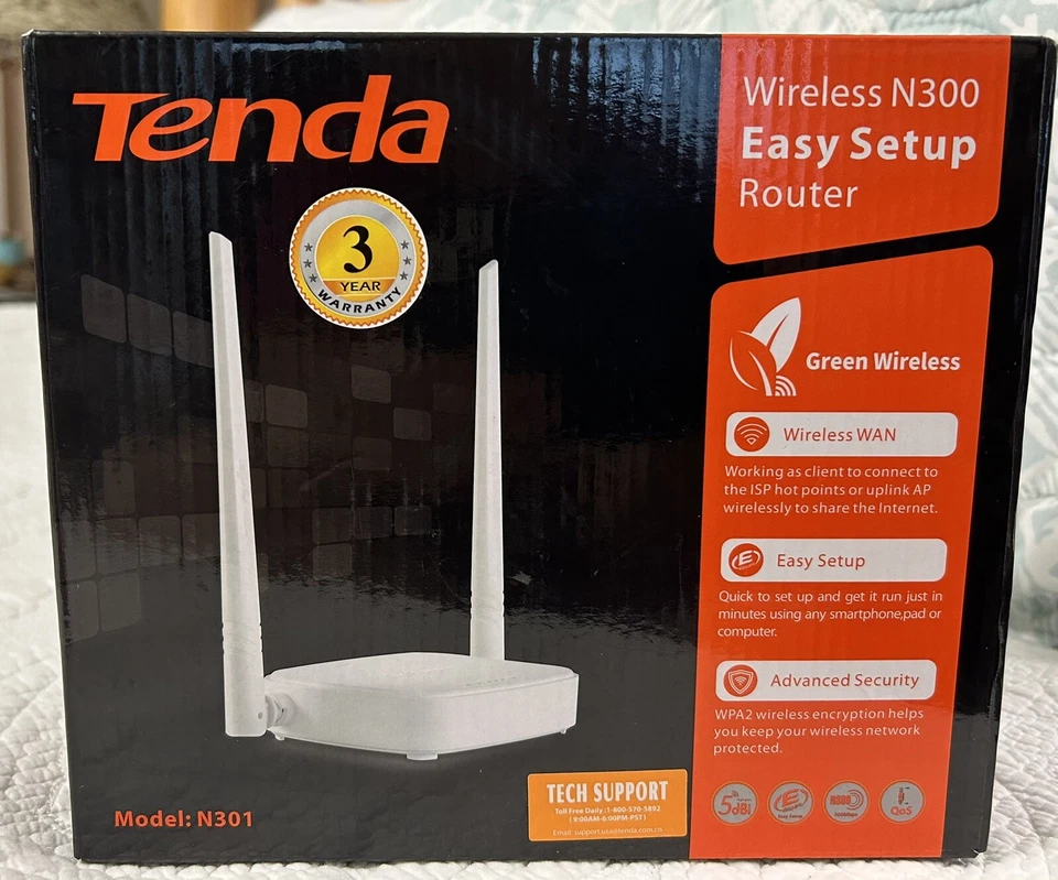 NEW IN BOX TENDA  MODEL N301 WIRELESS WIFI N300 EASY SETUP ROUTER - Image 1 of 4