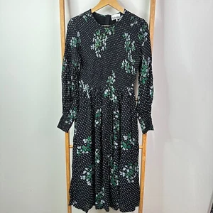 Ganni Dress Womens 36 Black Polka Dot Floral Long Sleeve Rometty Georgette - Picture 1 of 14