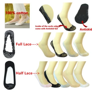 100% Cotton Lace Antiskid Invisible Liner No Show Peds Low Cut Socks for Women - Picture 1 of 14