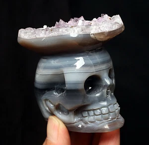 236g NATURAL AMETHYST CLUSTER  SKULL SKELETON CARVING - Picture 1 of 10
