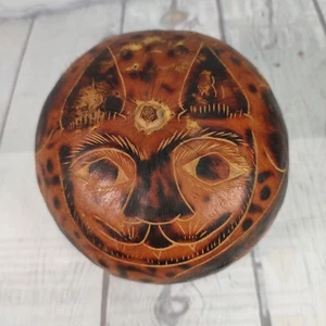 Dried Gourd Hand Made Folk Art Rattle Carved Painted Cat Cheetah Leopard or Lion - Picture 1 of 6