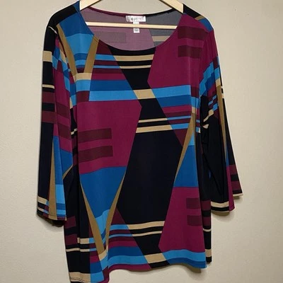 Dressbarn Blouse Women 2X Teal Gold Black Geometric Scoop Neck Business Casual - Image 1 of 4