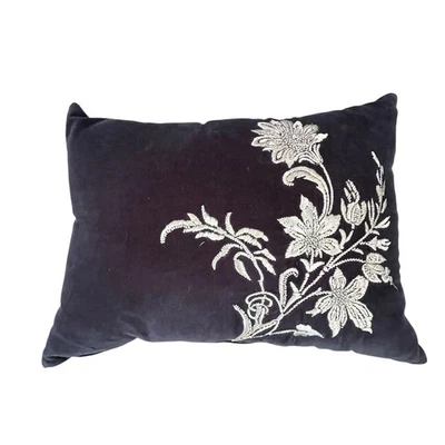 Monique Lhuillier Pottery Barn Claudette Pillow Navy Velvet Silver Embroidery - Image 1 of 4
