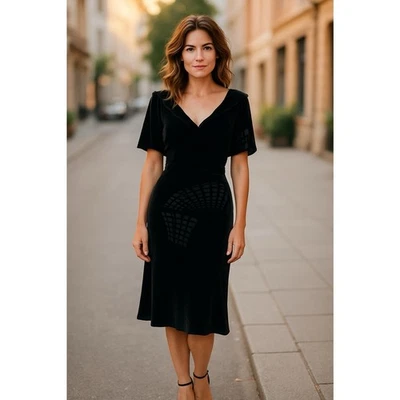 Vestido de vacaciones Vivienne Tam negro de terciopelo manga corta cuello en V mezcla de seda talla 2 Foto 1 de 4