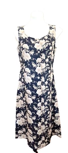 Liz Claiborne M Navy Floral Linen Midi Cottage Core Prairie Button-up Dress Y2K - Picture 1 of 6