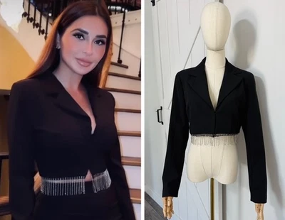 Blazer House of Harlow 1960 Talla S Negro Recortado Cristal Estrás Flecos Dobladillo Foto 1 de 4