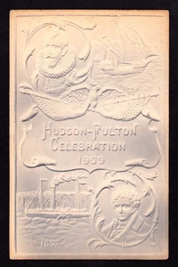 Postal aerografiada en relieve de saludos de celebración de Hudson Fulton de 1909 - Imagen 1 de 2