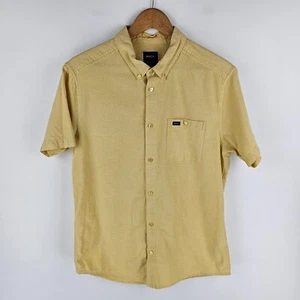 Rvca Shirt Mens M Yellow White Check Cotton Linen Slim Fit Short Sleeve Casual - Picture 1 of 7