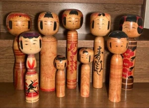 [Showa Retro] Traditionelle Kokeshi Puppen 9-teiliges Set - Yajiro, Togatta, Yamagata - Bild 1 von 20