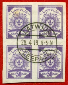 LATVIA LETTLAND BLOCK OF 4 STAMPS 50 Kop Sc. 32 1919 USED 170 - Picture 1 of 2