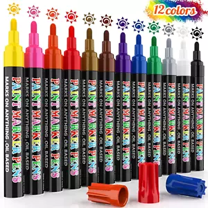 Paint Markers Pens, 12 Colors Oil-Based Waterproof Fancy Paint Markers, Quick Dr - Picture 1 of 12