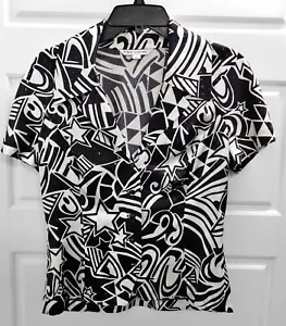 St John Black White Star Abstract Button Down Top Paillette Silk Blouse sz 6 - Picture 1 of 5