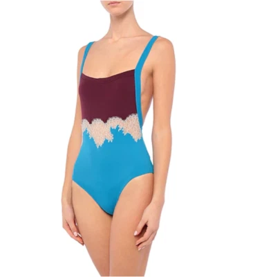 Nuevo con etiquetas Traje de baño Valentino de una pieza decoración de encaje azul/púrpura, hecho en Italia, pequeño Foto 1 de 4