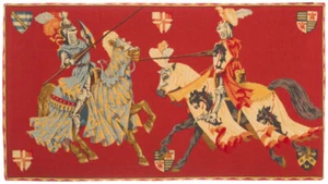 32" X 18" MEDIEVAL JOUST/TOURNAMENT BELGIAN TAPESTRY WALL HANGING, FULLY LINED - Picture 1 of 6
