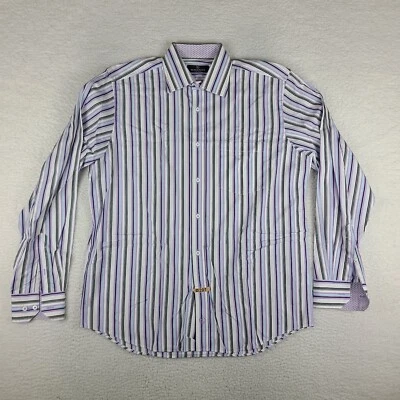 Camisa Bugatchi Uomo Para Hombre Grande Azul Púrpura Negra Vestido a Rayas Con Botones Foto 1 de 4