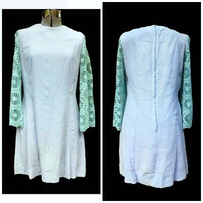 Vestido sedutor crepe azul/cinza vintage anos 60 mangas de renda fantasia teatro upcycle P/M - Imagem 1 de 4