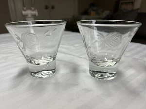 Set Of 2, Clear Glass Etched Flower/Rose Cordial Glass, Cone Shaped, 3” #SH - Picture 1 of 8