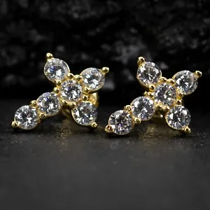 Iced Cz Yellow Gold Plated 925 Sterling Silver Cross Stud Screw Back Earrings - Picture 1 of 6
