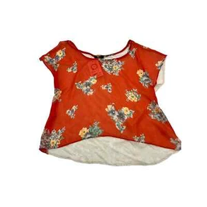 Soprano Y2K Orange Floral Lace Back Short Sleeve Blouse - Picture 1 of 7