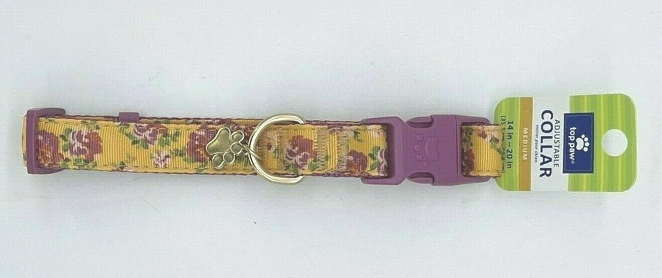 Top Paw Adjustable Dog Collar YELLOW PURPLE w FLORAL CHARM 14" - 20" MEDIUM  - Image 1 of 4