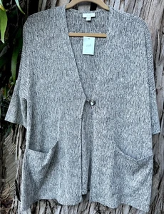 J.Jill Pure Jill NWT Womens Linen Cotton Stretch Kimono Cardigan Blk Beige M - Picture 1 of 6