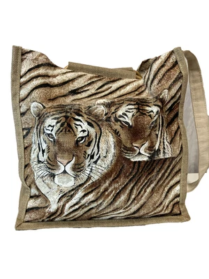 Новая джутовая сумка-тоут Twin Tigers с двусторонними деревянными ручками 13 дюймов x 13 дюймов - Изображение 1 из 4