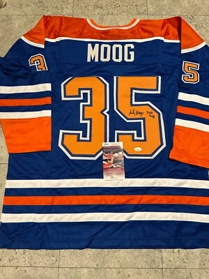 ANDY MOOG Edmonton Oilers Autographed Inscrib 3X  SC CUP Style Jersey XL coa-JSA - Image 1 of 3