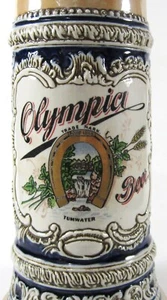 Vintage Olympia Beer Stein Oly Detailed Logo Blue Design Ceramarte Made Brazil - Picture 1 of 6