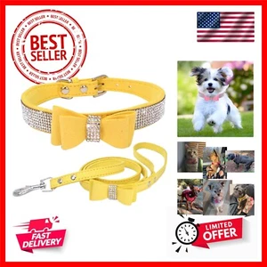 Yellow Diamond Dog Collar and Leash Set with Bow Tie, Bling Rhinestone Kitten... - Picture 1 of 8