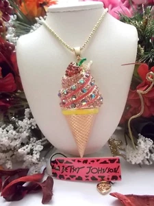 BETSEY JOHNSON PINK CRYSTAL & ENAMEL STRAWBERRY ICE CREAM CONE PENDANT NECKLACE - Picture 1 of 9