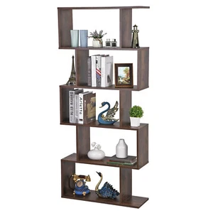 Geometric Bookshelf 5 Tier S Shaped Bookcase Display Shelves for Bedroom Brown - Picture 1 of 24