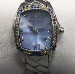 Chronotech Watch Women Silver Tone Rivoli Crystal Blue Date New Battery 6.25" - Picture 1 of 16