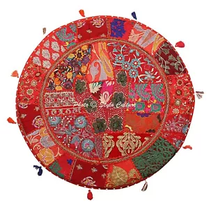 Ethnic Round Floor Cushion Cover Vintage Patchwork Red 28x28 Cotton Pouffe - Picture 1 of 4